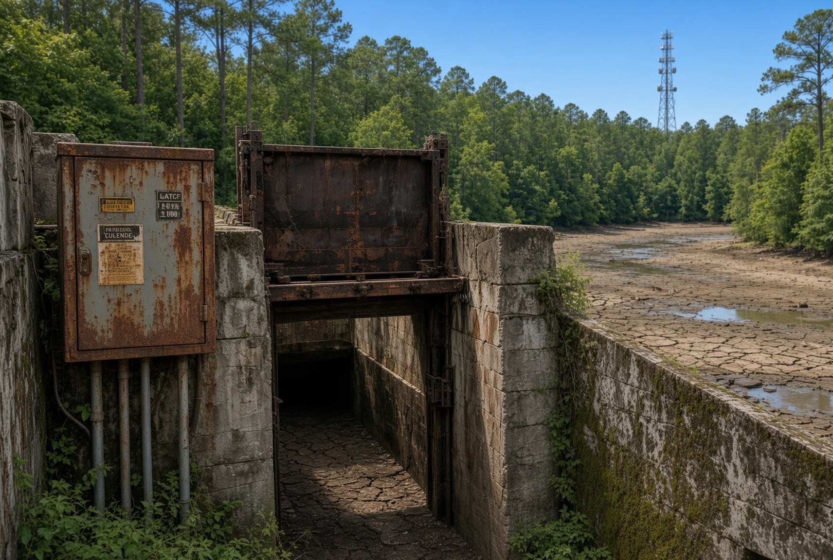 Aged dam spillway with rusted control box and dry riverbed
