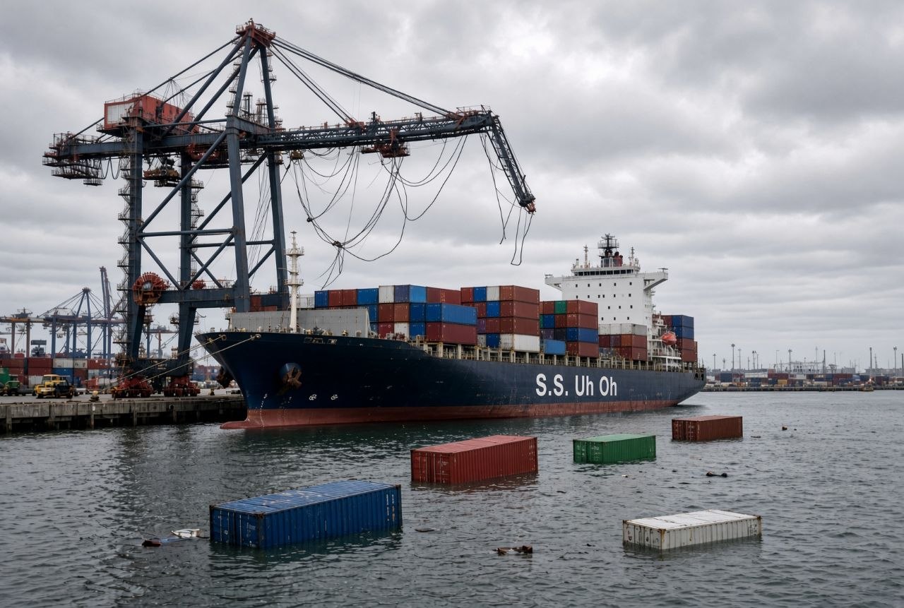 Dangling cables and containers in the water beneath a gantry crane gone sideways under storm clouds