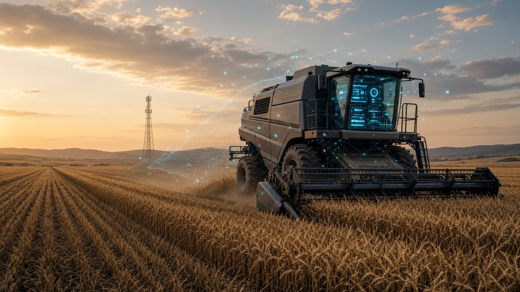 Combine harvester in golden field with digital overlay showing network connections and control systems