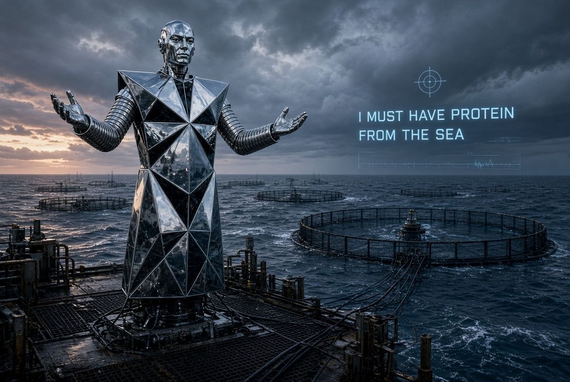 Chrome robot standing on offshore platform with aquaculture fish farm rings in stormy seas